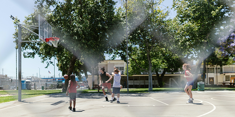 A group of young people playing basketball on a sunny day