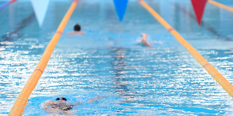 A swimming pool lane with three swimmers swimming up and down