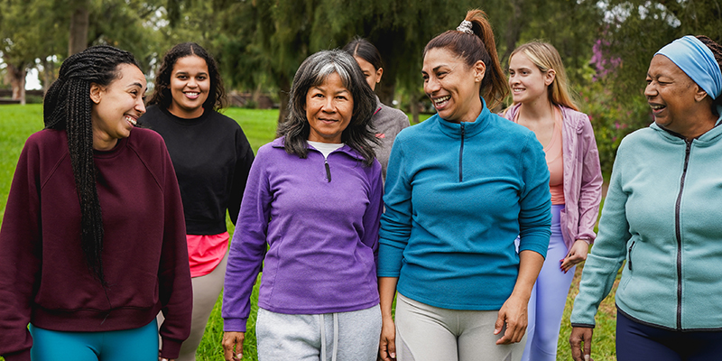 Group of multiracial women with different ages and bodies walking