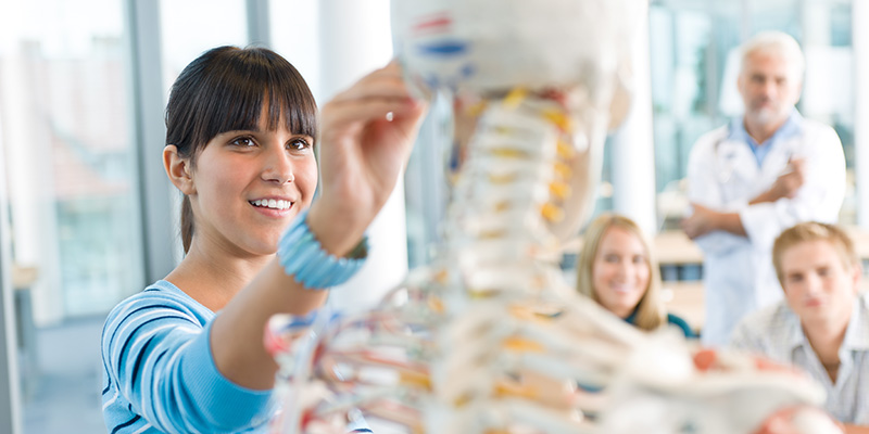 A teacher showing a class a medical skeleton